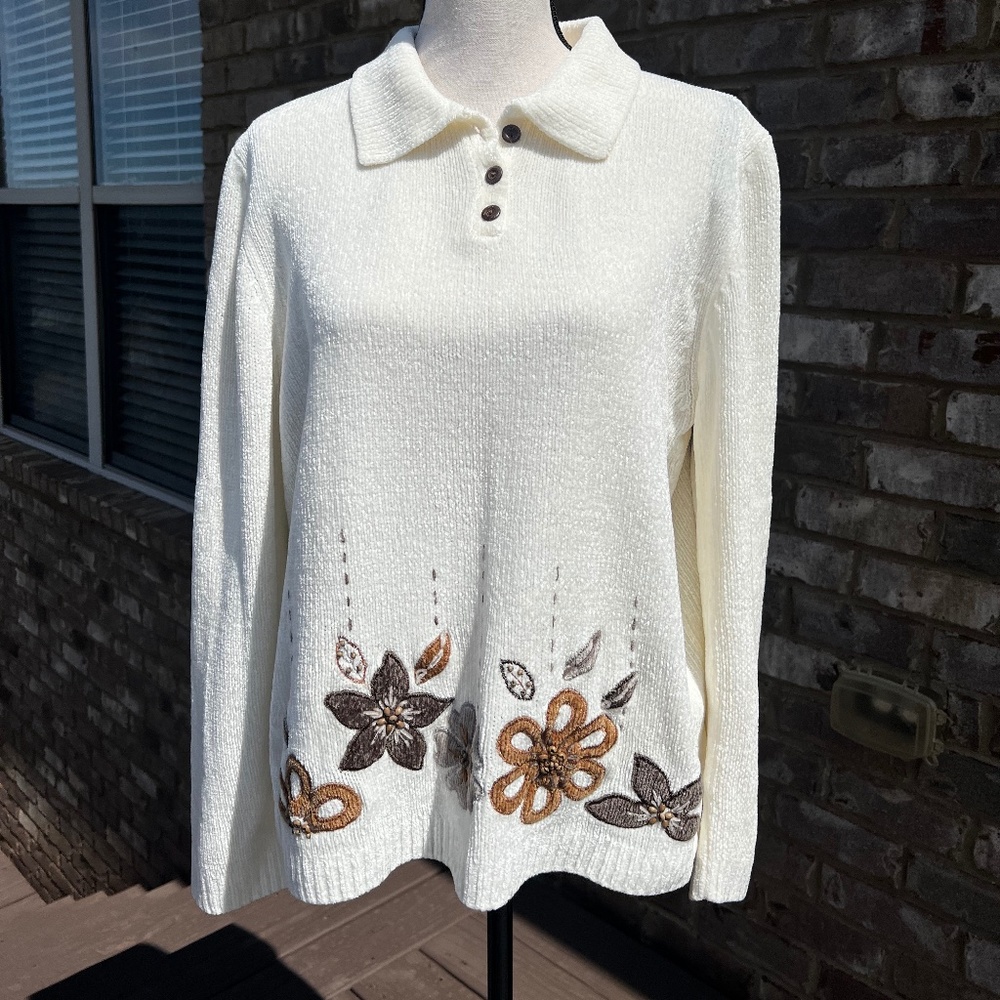 Alfred Dunner Embroidered & Beaded Flowers Floral Knit Ivory Sweater Women"s S